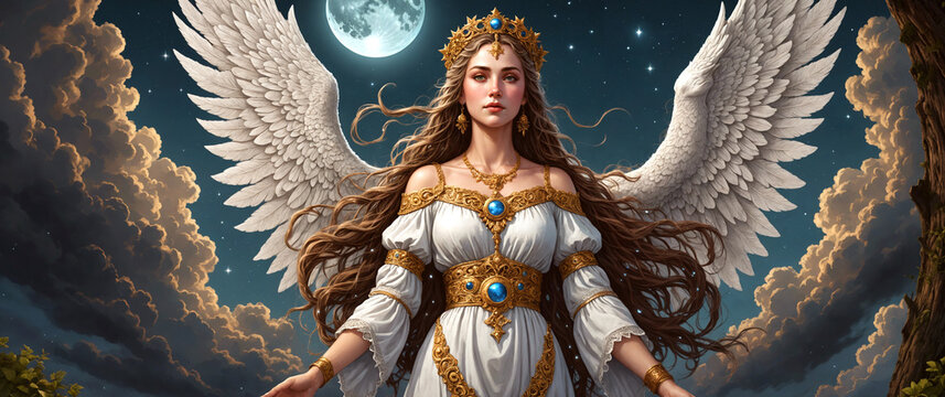 Beautiful Slavic goddess with wings and traditional dress, jewelry and golden decorations, golden crown, night sky with moon and starts, High detail fantasy character illustration, no AI artifacts