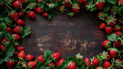 Wall Mural - Fresh, ripe strawberries and leaves arranged on a dark wooden table, with copy space in the center.