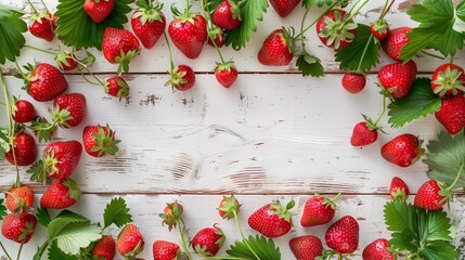 Wall Mural - Fresh ripe strawberries scattered on a rustic white wooden background with vibrant green leaves.