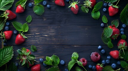 Poster - A vibrant display of fresh berries on a dark wooden background, ideal for a healthy diet concept.