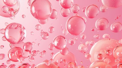 Wall Mural - This is a 3D modern design template for a beauty product, skincare cosmetic production, with a pink background with water drops. The background has scatter spherical aqua bubbles, wet liquid texture,