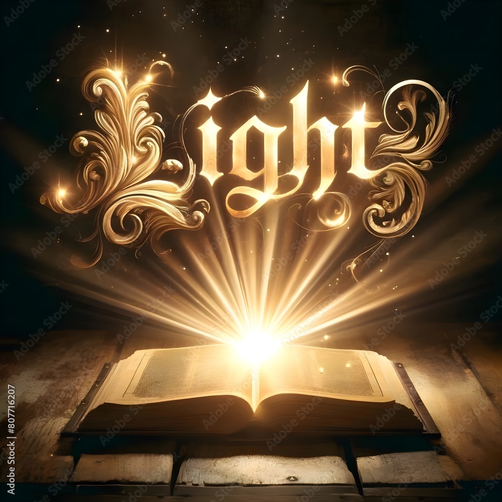 An old spell book on a wooden table, illuminated by a magical golden ...