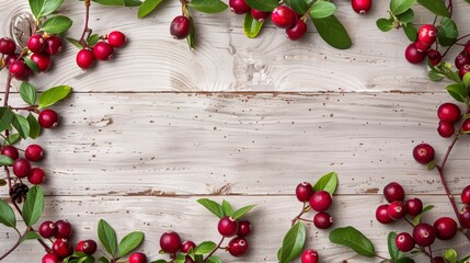 Wall Mural - Frame of fresh red cranberries with leaves on a rustic white wooden background.