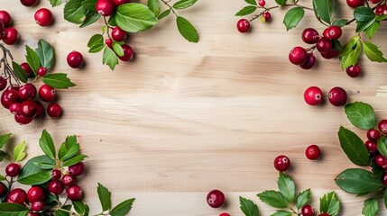 Sticker - Lush red cherries scattered with leaves on a light wooden background with copy space.