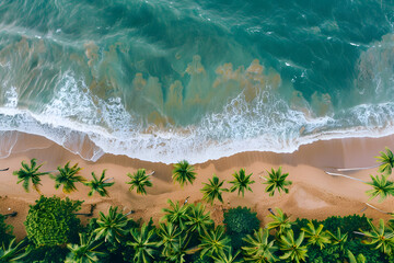 Wall Mural - Coastline at tropical beach with palms and turquoise ocean , summertime banner mockup. Summer travel sales and vacation concept.