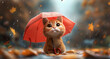 Ginger cat sits under a red umbrella on a rainy day