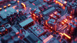 A close up of a computer chip with a bright orange glow. Concept of technology and innovation