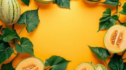 Wall Mural - Bright summer-themed image with whole and cut cantaloupes, and lush green leaves on a vibrant yellow background.