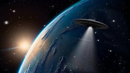 Wall Mural - Earth in space with UFO. Seamless looping time-lapse 4k video animation background