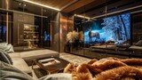 Fototapeta  - A TV lounge with a TV screen that seamlessly blends into a mirrored wall when turned off, with a cozy faux fur throw