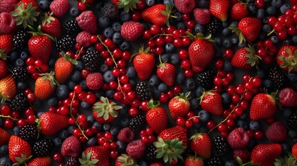 Wall Mural - Mixed fresh berries display with strawberries, blueberries, raspberries, blackberries, and red currants.