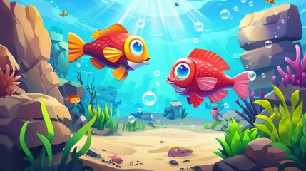 Wall Mural - Marine illustration with fish in aquarium cartoon game background. Underwater landscape with bubbles of nautical fauna. Cute fish life adventure on seafloor sand.
