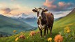 Portrait of a cow in a field in the mountains. Close up cow in the sunny pasture , cattle 