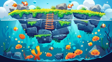 Wall Mural - Underwater landscape with floating rock islands, gold coins, ladders and anemones. Cartoon arcade world design with a bluish seabed, anemones and algae.