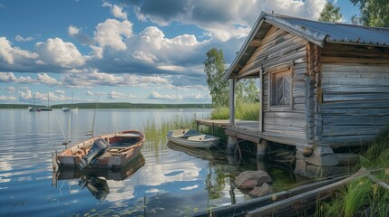 Wall Mural - A serene lakeside view with a wooden cabin and docked boats under a cloudy sky.