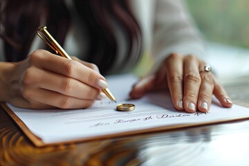 Woman signing legal divorce papers, deal or paper contract in law office with ring on table.