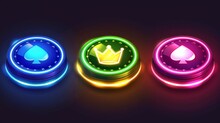 An Isolated 3D Led Chips Icon In Green, Pink, Blue And Yellow Set For Vegas Online Apps. VIP Gambling Currency Token Wealth For Blackjack Digital Design.