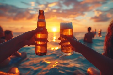 Cheers with a beer bottle and glass against a vivid sunset backdrop