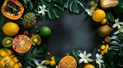 Canvas Print - Elegant display of various tropical fruits and flowers arranged on a dark background, creating a vibrant and fresh look.