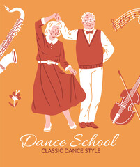 Canvas Print - Dance school with a charming vector poster with an empty text space with an elderly couple dancing