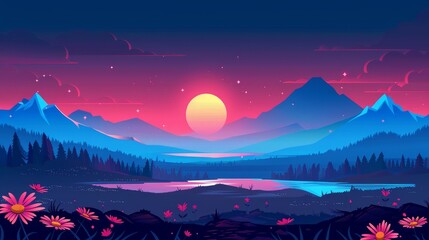 Wall Mural - This cartoon landscape modern background features a sunrise in the mountain sky. A lake, a sun, a chamomile flower, and pink water on a peaceful sunset.