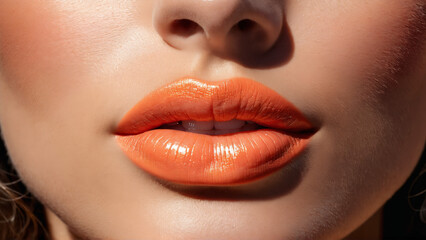 Coral Summer Kiss Close up of a woman with sun kissed skin coral lips and