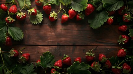 Poster - Fresh ripe strawberries with leaves scattered on a dark wooden background, offering dynamic texture and color.