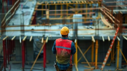 Wall Mural - Construction worker in safety gear oversees a busy urban construction site with scaffolding.