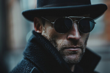 Sticker - Generative AI image of man in coat in city detective and mafia