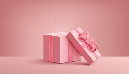 Blank sweet pink pastel color present box or open gift box with pink ribbon and bow isolated on pink background with shadow minimal concept 3D rendering