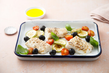 Poster - Roasted cod with olives, tomato and zucchini