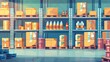A large warehouse interior filled with wooden containers, cardboard parcel boxes, and liquid bottles stacked on pallets. Cartoon modern illustration of a storage room containing cargo and logistic