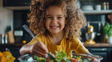 Sticker - Joyful young girl with curly hair mixing a bowl of salad in a modern kitchen.