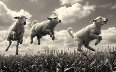 Wall Mural - Group of sheep running uphill on grassy terrain under cloudy skies, AI-generated.