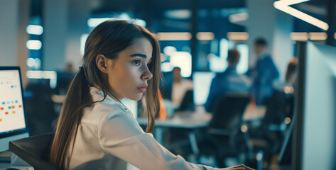 Wall Mural - A woman sitting at a desk, focused on her laptop in an office setting.