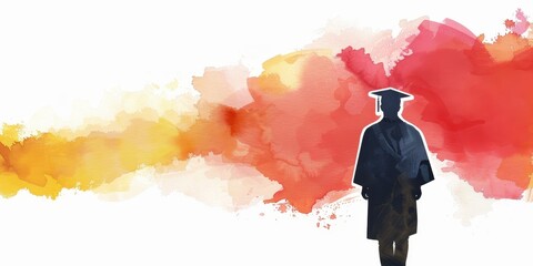 Wall Mural - A man in a graduation robe stands in front of a colorful background. Concept of accomplishment and pride, as the man is likely a graduate about to receive his diploma