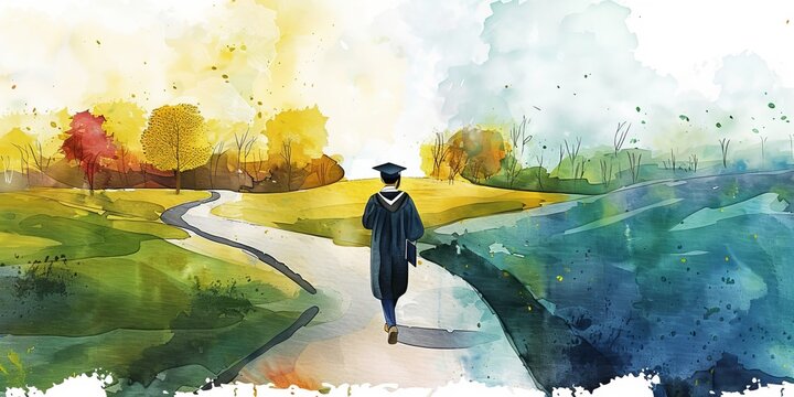 A man in a graduation gown walks down a path with a blue and green background. Concept of accomplishment and new beginnings as the graduate embarks on their journey