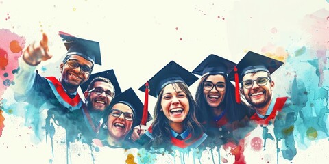 Wall Mural - A group of graduates are smiling and pointing to the camera. Concept of accomplishment and pride in their achievements