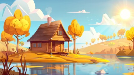 Wall Mural - Cartoon illustration of wooden cottage with porch, stairs, and chimney on roof, yellow trees on hill, bright sun shining on lake surface, clouds in blue sky, and yellow trees in autumn forest.