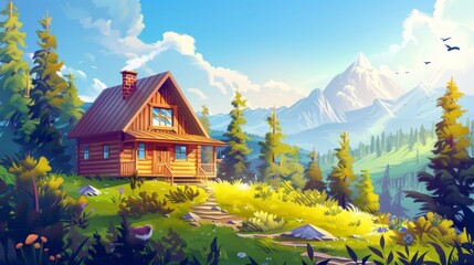 Wall Mural - A cozy wooden hut in a mountain valley with porch, stairway, chimney, green grass and trees in a spring forest, birds in the sky, camping holiday, modern cartoon illustration.