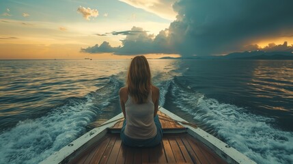 Poster - Woman sitting on the edge of a boat looking at a sunset over the ocean with dramatic clouds.