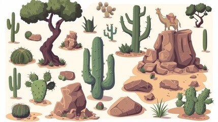 Wall Mural - An illustration set of African or Mexican vegetation, animals, and stones found in the Arizona desert. Includes green cactus, dried trees, mountains, and camels.