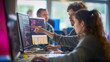 © MYDAYcontent - A woman points at a computer screen as a man looks on with concentration, in a collaborative coding session.