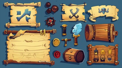 Wall Mural - Various pirate medieval game interface elements, including a win and lose level passing board, wooden buttons, and achievements.