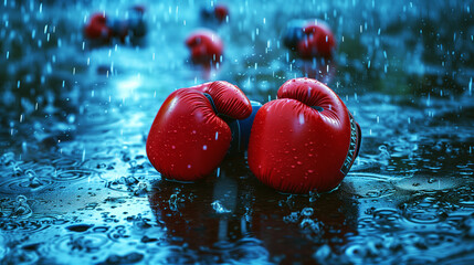 Wall Mural - A pair of red boxing gloves lies on a wet surface under heavy rain, with blurry background.
