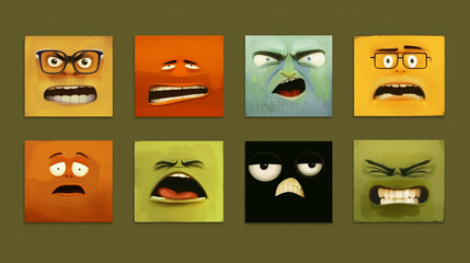 Poster - A collection of eight stylized square panels, each featuring a cartoon face expressing a different emotion.