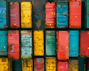 Wall Mural - Aerial view of colorful shipping containers stacked in an industrial dock, symbolizing global trade and containerization
