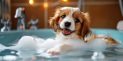 Baby cute puppy dog in bathtub with shampoo foam , Happy dog takes a bath