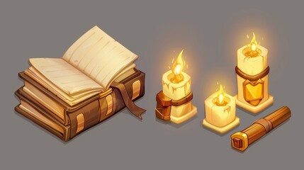 Wall Mural - The old fantasy magic book game icon UI cartoon modern. An antique wizard paper story with a spell for witchcraft. Medieval fairy tale myth grimoire assets for study in alchemy school GUI design.