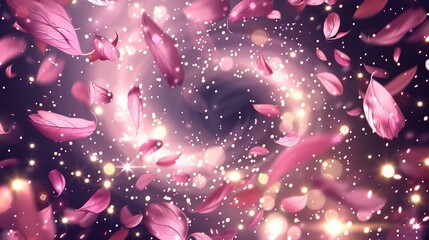 Wall Mural - A romantic whirlwind of pink leaves, sakura petals, and spring cherry blossom foliage flying in the wind. Modern illustration of a magic light effect.
